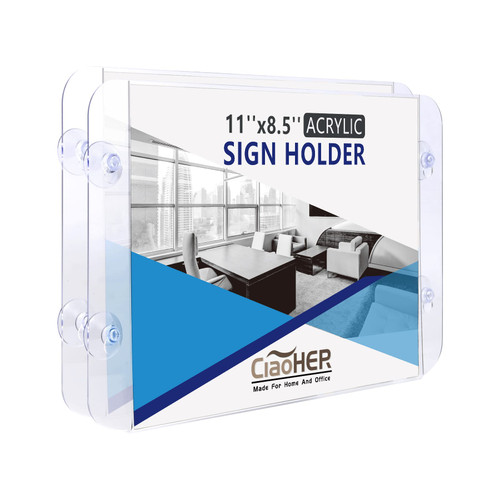 CiaoHER Acrylic Sign Holder 11 x 8.5, Clear Acrylic Frames Glass Window Wall Mount Advertising Signage Sign Holder with 4 Suction Cups for Mall, Office, Home, Restaurant, Landscape ?2 Pack?