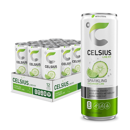 CELSIUS Sweetened with Stevia Sparkling Cucumber Lime Fitness Drink, Zero Sugar, 12oz. Slim Can (Pack of 12) CELSIUS Sweetened with Stevia Sparkling Cucumber Lime Fitness Drink, Zero Sugar, 12oz. Slim Can (Pack of 12)