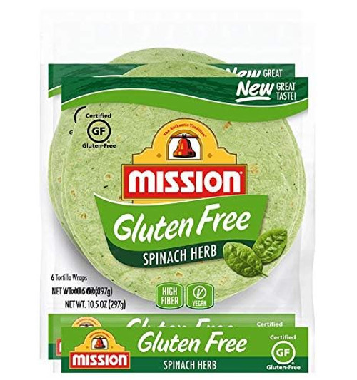 Mission Gluten Free Spinach Herb Tortilla Wraps, Trans Fat Free, High Fiber, 6 Count - 2 Packs