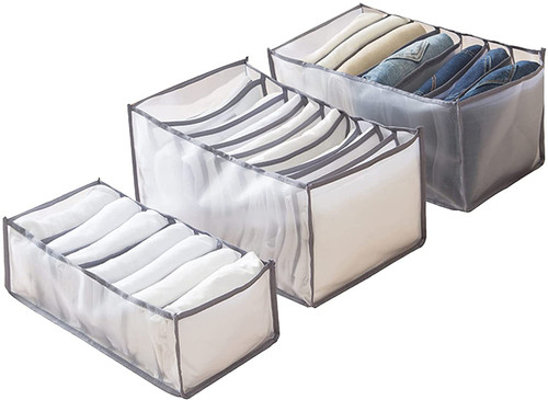 ZNNCO Wardrobe Clothes Organizer,7 Grids Foldable Visible Clothes Storage Organizer Clothes Drawer Mesh Storage Box for Jeans,T-shirt,Legging,Skirts (Grey 3Pack)