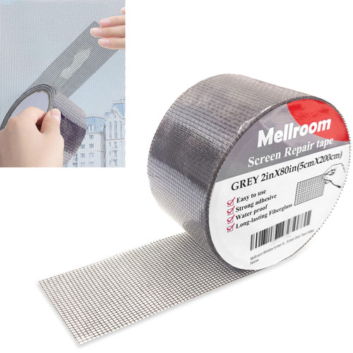 Mellroom Window Screen Repair Kit Tape, Grey Adhesive Waterproof Fiberglass Mesh Patch Covering 2 inches X 80 inches Wire mesh for Screen Window and Screen Door Tears Holes