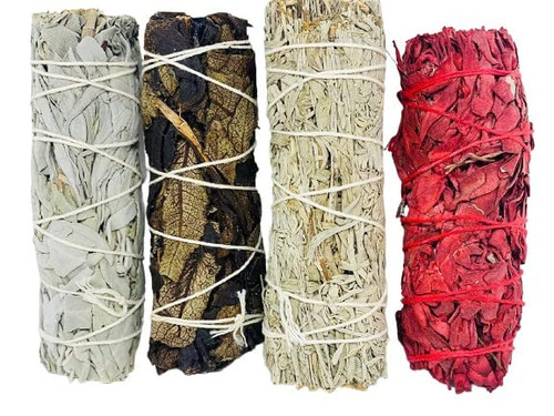 Bholi Sage Plus Sage Smudge Kit for Cleansing Negative Energy and Cleansing House, Variety Pack of 4 White Sage Smudge Sticks, Black Sage, Blue Sage and Red Sage (Dragon Blood)
