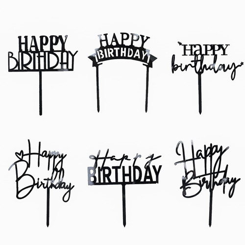 Black Birthday Cake Topper, 6pcs Acrylic Birthday Cake Toppers Happy Birthday Cake Toppers for Birthday Decorations