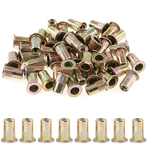 Rustark 120-Pcs #10-24UNC Mixed Zinc Plated Carbon Steel Rivet Nut Flat Head Threaded Insert Nutsert Assortment Kit