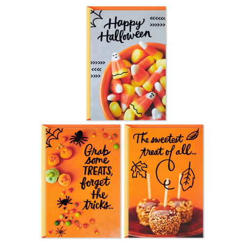 Hallmark Pack of Halloween Cards (3 Cards with Envelopes, Sweet Treats) Candy Corn, Caramel Apples, Cupcakes