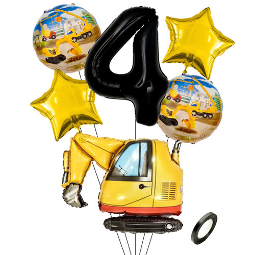 Kawailay Construction 4th Birthday Party Balloons Construction Balloons for 4th Birthday Decoration Jumbo Excavator Bulldozer Foil Balloon 32 Inch Black Number 4 Helium Balloon for Boys Birthday Party