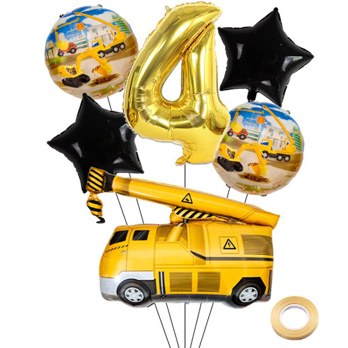 Kawailay Construction 4th Birthday Party Balloons Construction Balloons for 4th Birthday Decoration Jumbo Crane Foil Balloon 32 Inch Gold Number 4 Helium Balloon for Boys Birthday Party