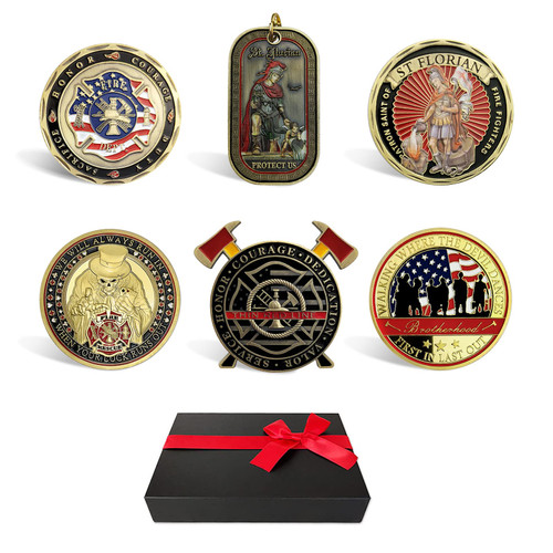 Firefighter Challenge Coin- Fireman Coin Gift Box with 6 Fire Department Prayer Badge, Firefighter Gifts for Men/Women/Son/Dad Firefighter Challenge Coin- Fireman Coin Gift Box with 6 Fire Department Prayer Badge, Firefighter Gifts for Men/Women/Son/Dad