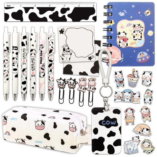 Cute Cow School Supplies Set, Kawaii Office Supplies, Pencil Case, Pens, Ruler, Sticky Note, Stickers, Card Holder and Lanyard, Spiral Notebook, Bookmark for Girls Gifts