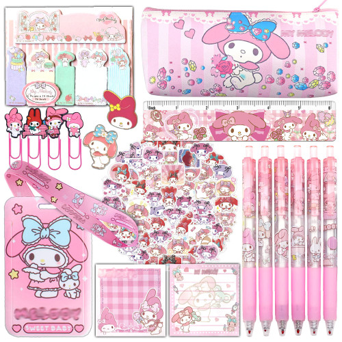 Ohjijinn Cute School Supplies Set, Kawaii Office Supplies, Includes Pencil Case, Ballpoint Pens, Ruler, Sticky Note, Stickers, Enamel Pins, Lanyard with ID Card Holder for Girls Gifts
