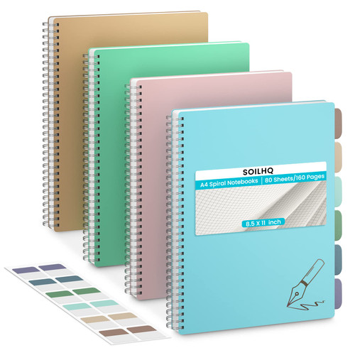SOILHQ 4 Pack Graph Paper Notebook - A4 Spiral Notebook 8.5 X 11 inches Graphing Notebook 5 x 5mm Grid Pape 80 Sheets/160 Pages Journals for Work?Meeting? Study and Notes (Blue,Pink,Green,Brown)
