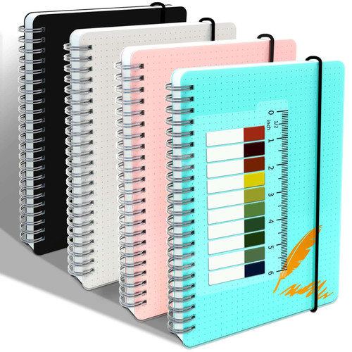 Yiozojio Bullet Journals - 4 Pack B5 Dotted Spiral Notebooks with 100gsm Dot Grid Paper 80 Sheets,Thick Paper Notebook for School,Office and Drawing,7.6 x 10 inches (Blue,Pink,black,Transparent)