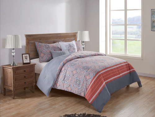 VCNY Home Full/Queen Comforter Set : Medallion Design, All Season Luxurious Microfiber in Coral/Grey ; 5 pc Set Includes Reversible Comforter, 2 Pillow Shams, 2 Decorative Pillows