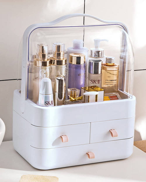 GUUKA Makeup Organizer and Storage for Vanity Skincare Cosmetic Dustproof Preppy Skin Care Make Up Portable Organizers With Lid And Drawers Countertop (White)