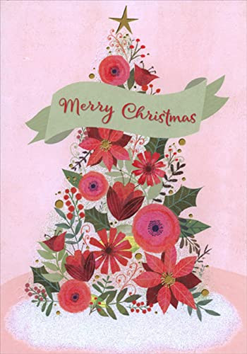Designer Greetings Tree of Red Flowers with Gold Star Box of 18 Christmas Cards