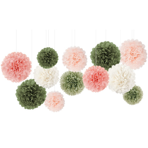 NICROHOME Sage Green Tissue Paper Pom Poms Party Decorations, 12 PCS White Pink Green Birthday Baby Shower Decorations, Boho Neutral Wedding Bridal Shower Engagement Party Decorations
