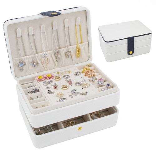 KOOAAICCHI Small Jewelry Box, Travel Jewelry Organizer, Portable Jewelry boxes for Women Girls Gift, Double Layers PU Leather Jewelry Holder for Rings, Earrings, Necklaces-White