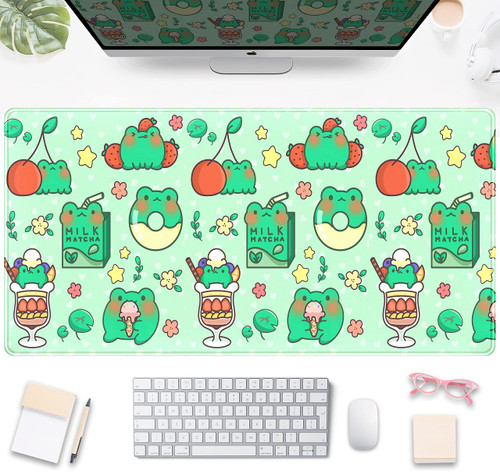 Kawaii Cartoon Frog Desk Pad Green Anime Desk Mat Cute Large Gaming Mouse Pad, Full Desktop Mousepad Keyboard Mouse Mat for Laptop Computer Desk Accessories Mats for Women Girl Gamer 31.5"x15.75"