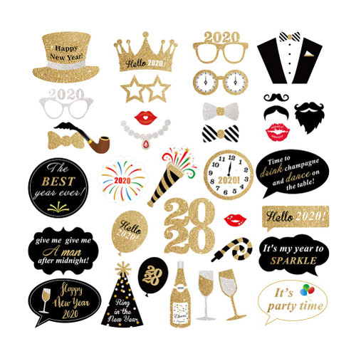 Amosfun New Years Photo Booth Props Funny Selfie Accessories 37pcs for 2020 New Years Eve Christmas Party Decorations