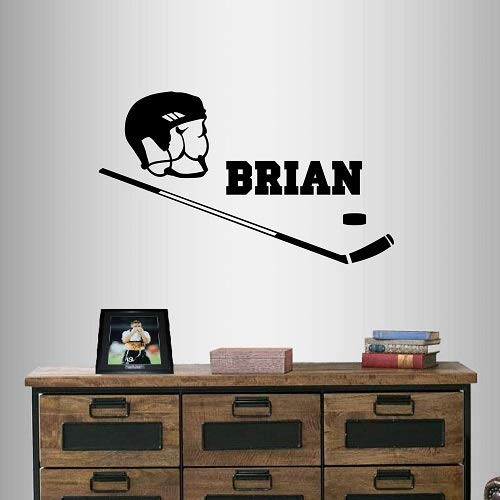 Wall Vinyl Decal Home Decor Art Sticker Ice Hockey Stick Puck and Helmet Customized Boys Name Sports Boy Kids Nursery Play Room Removable Stylish Mural Unique Design 341