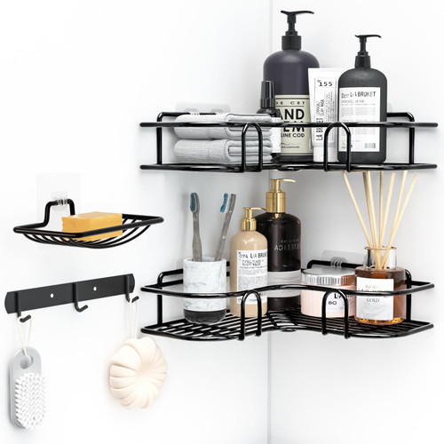 LURVUO Corner Shower Caddy,4Pack Shower Organizer Corner Shower Shelves with Soap Holder and Independent Hooks, No Drilling Wall Mounted Shower for Rack Bathroom,Dorm and Kitchen Storage.