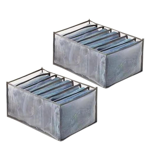 SANTUKEY Wardrobe Clothes Organizer, 7 Grids Washable Portable Closet Organizer Mesh Separation Storage Box Foldable Closet Drawer Organizer for Underwear, Socks, Scarves, Leggings, Skirts, T-shirts, Jeans (Grey, 2 Jeans Grid)