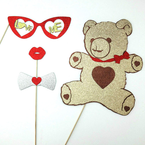 picwrap 4 Pc Photo Booth Party Props Mustache on a Stick Valentines Day Heart Glasses Teddy Bear