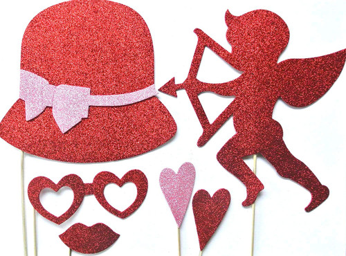 Valentines Photo Booth Party Props Mustache on a Stick Valentines Day Hearts Top Hats