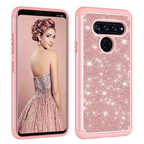 Berry Accessory LG V40 ThinQ Case,LG V40 Case,LG V40 Luxury Glitter Sparkle Bling Case,Hybrid PC Silicone Faux Leather Cover,Dual Layer Armor Protective Phone Case for LG V40 ThinQ/LG V40 Rose Gold