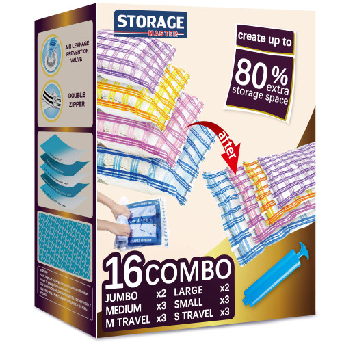 16 Space Saver Vacuum Storage Bags for Clothes, Airtight Vacuum Sealed Space Saver Bags for Clothes (16C)