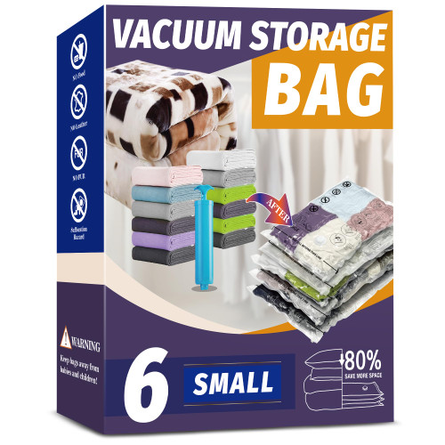 Vacuum Storage Bags, 6 Small Space Saver Vacuum Seal Sealer Bags with Travel Pump for Clothes, Clothing (6S)