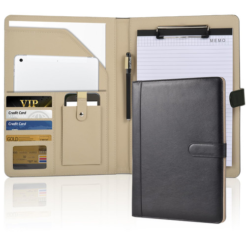 Padfolio Clipboard Folder Portfolio,Faux Leather Legal Document Organizer with Signature Pen/Business Card Holder/Letter Size A4 Writing Pad/Mobile Phone Storage Pocket,Interview Resume Folder,Black