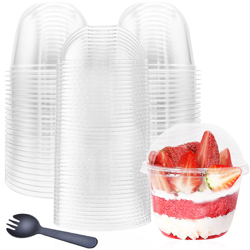 Alaeseje 50 Pack 10oz Plastic Cups with Dome Lids(No Hole) and Sporks,Disposable PET Parfait Cups,Crystal Dessert Cups for Pudding,Snacks,Ice Cream,Yogurt