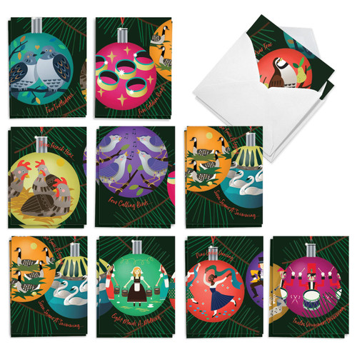 The Best Card Company - 20 Assorted Christmas Notecards Boxed Set 4 x 5.12 Inch with Envelopes (10 Designs, 2 Each) - 12 Days of Ornaments AM10202XSG-B2x10