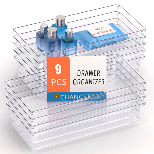 CHANCETSUI 9 Pcs Large Clear Plastic Drawer Organizers, Stackable Bathroom Drawer Organizers Tray, Plastic Vanity Trays Divider Container Storage Bins for Makeup, Desk, Kitchen and Office