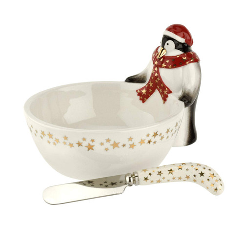 Spode Christmas Tree 2Pc Penguin Dip Bowl w/Spreader- Ceramic/Stainless Steel Spode Christmas Tree 2Pc Penguin Dip Bowl w/Spreader- Ceramic/Stainless Steel