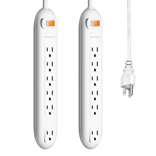 Globalmany 6-Outlet Surge Protector Power Strip, 6ft Extension Cords, Overload Protection, Widely Spaced Outlet, Power Switch, 15A, 1875W, White, 2 Pack