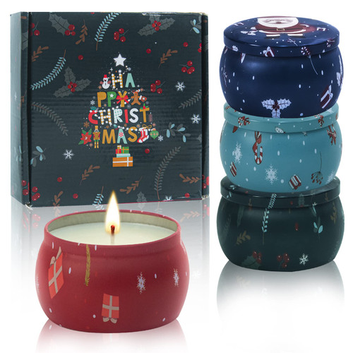 Christmas Theme Scented Candles Home Set|Made of 100% Natural Soy Wax: Aromatherapy Candles Portable Christmas Style Candle Gift Set of 4-Gardenias|Lavender|Vanilla|Jasmine(4.4Oz x 4)