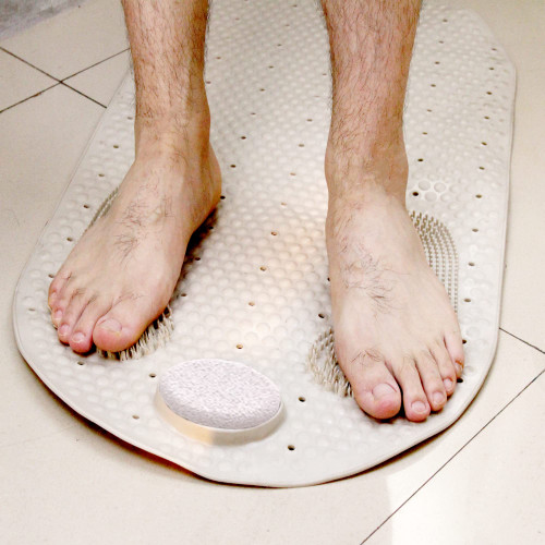 HIZOLVIO 32x16in Foot Scrubber Shower Grip Mat with Pumice Stone, Bath Tub Shower Mat Non Slip with Suction Cups Drain Holes, Anti Slip Bathtub Mat for Feet Massage, Exfoliating