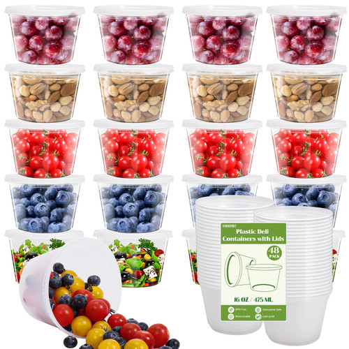 RAIHOMKIT 48 Pack Food Storage Containers with Lids,16 oz Deli Containers,16oz Plastic Containers,Deli Food Storage Containers with Airtight Lids,Meal Prep Containers,BPA Free,Microwave/Freezer Safe
