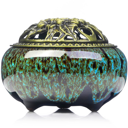 Ceramic Stick Incense Burner and Cone Incense Holder Ash Catcher - Porcelain Charcoal Censer for Use with Resin Granular Powder Cone or Coil Incense (Fambe Blue)