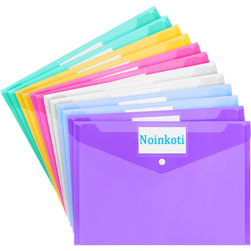 12 Pack Plastic Poly Filing Envelopes, Clear Document Folders Letter A4 Size File Envelopes with Label Pocket & Paste Button for School Home Work Office Organization,6 Assorted Color (12)