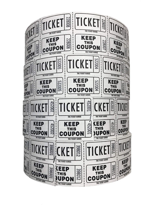 The Ticket Gurus-Raffle Tickets - (4 Rolls of 2000 Double Tickets) 8,000 Total 50/50 Raffle Tickets-(4) White Rolls