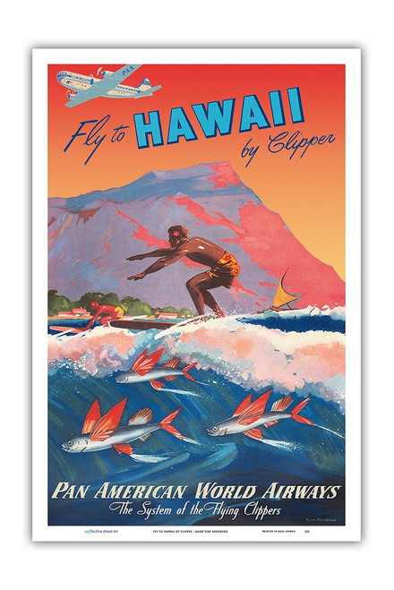 Fly to Hawaii by Clipper - Surfer, Diamond Head Crater - Pan American World Airways - Vintage Airline Travel Poster by Mark Von Arenburg c.1940s - Master Art Print 12in x 18in