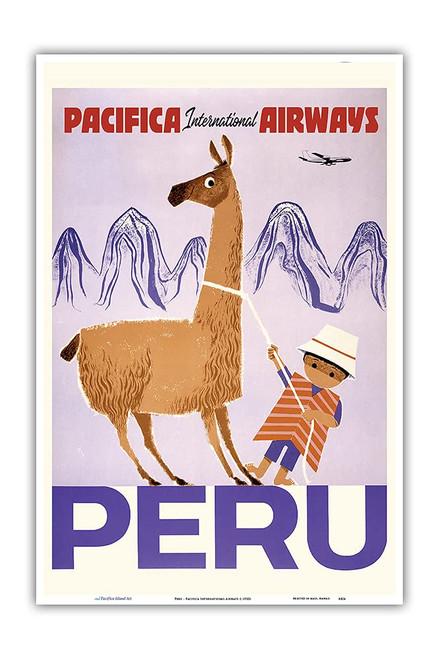 Peru - Pacifica International Airways - Native Boy with Llama - Vintage Airline Travel Poster c.1950s - Master Art Print 12in x 18in Peru - Pacifica International Airways - Native Boy with Llama - Vintage Airline Travel Poster c.1950s - Master Art Print 12in x 18in