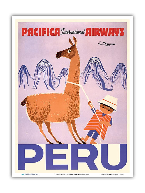 Peru - Pacifica International Airways - Native Boy with Llama - Vintage Airline Travel Poster c.1950s - Master Art Print 9in x 12in Peru - Pacifica International Airways - Native Boy with Llama - Vintage Airline Travel Poster c.1950s - Master Art Print 9in x 12in