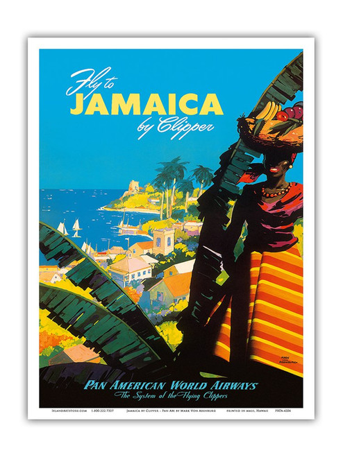 Fly to - Jamaica - by Clipper - Pan American World Airways - Vintage Airline Travel Poster by Mark Von Arenburg c.1950 - Master Art Print 9in x 12in Fly to - Jamaica - by Clipper - Pan American World Airways - Vintage Airline Travel Poster by Mark Von Arenburg c.1950 - Master Art Print 9in x 12in