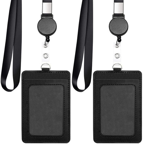 2 Pack Badge Holders, Vertical PU Leather ID Badge Card Holder with 2 Lanyard Black Retractable Badge Reel for Offices ID, School ID, Driver License