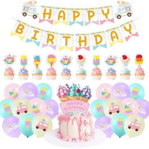 Ice Cream Theme Party Decorations- Ice Cream Sweet Birthday Party Decorations Include Banner, Cake Topper, Cupcake Toppers, Balloons, Summer Tasty Popsicle Theme Party Decorations for Teens Girls Birthday