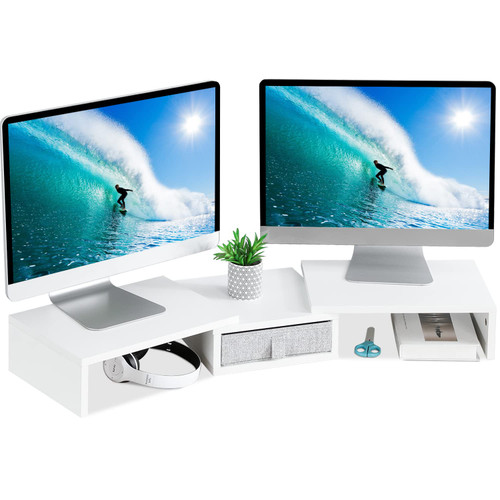 TEAMIX White Dual Monitor Stand Riser with Drawer - Length and Angle Adjustable Double Monitor Riser Corner Desk Shelf Organizer 37 inch Long Monitor Riser for 2 Monitors/Laptop/PC/Screen/TV